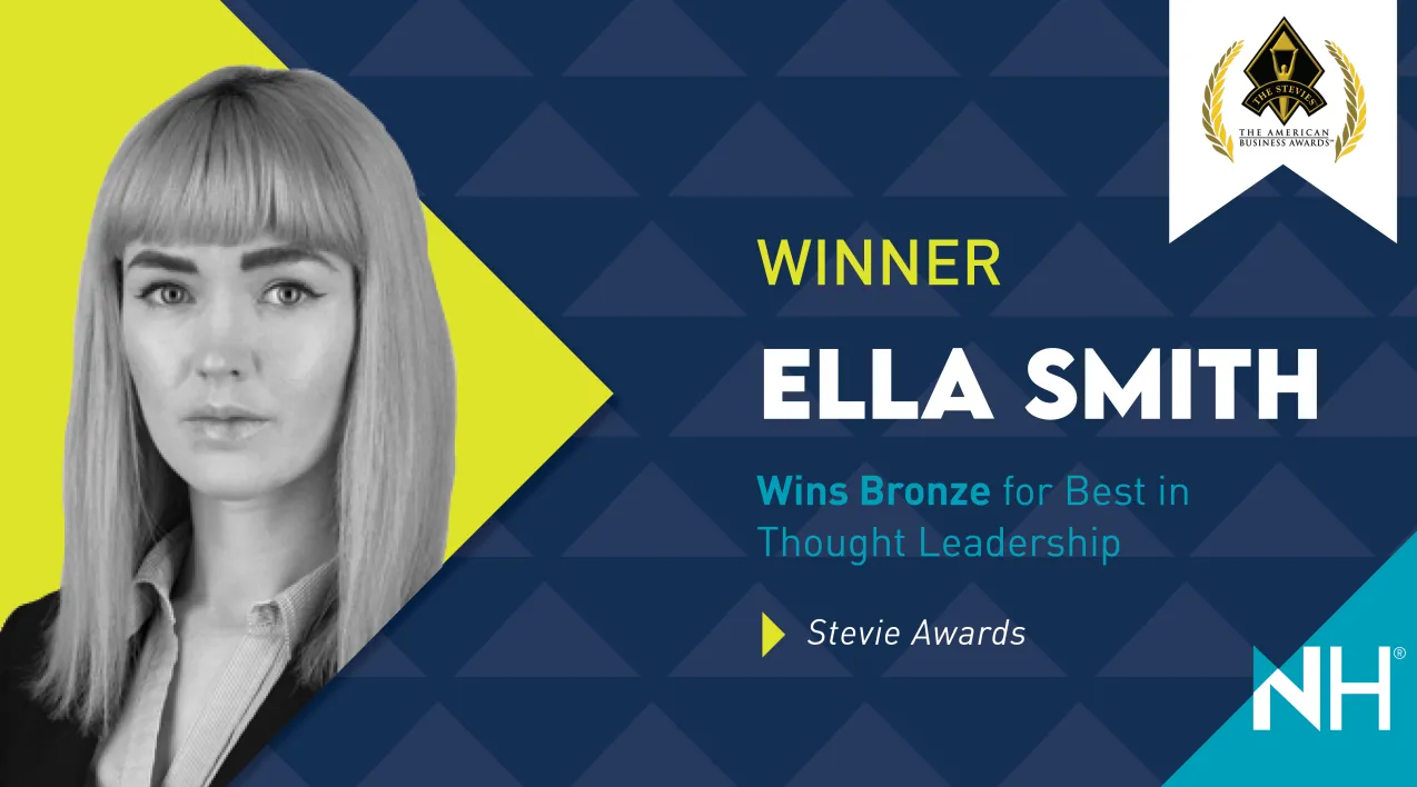 A banner with the text: "Winner, Ella Smith. Wins Bronze for Best in Thought Leadership - Stevie Awards"