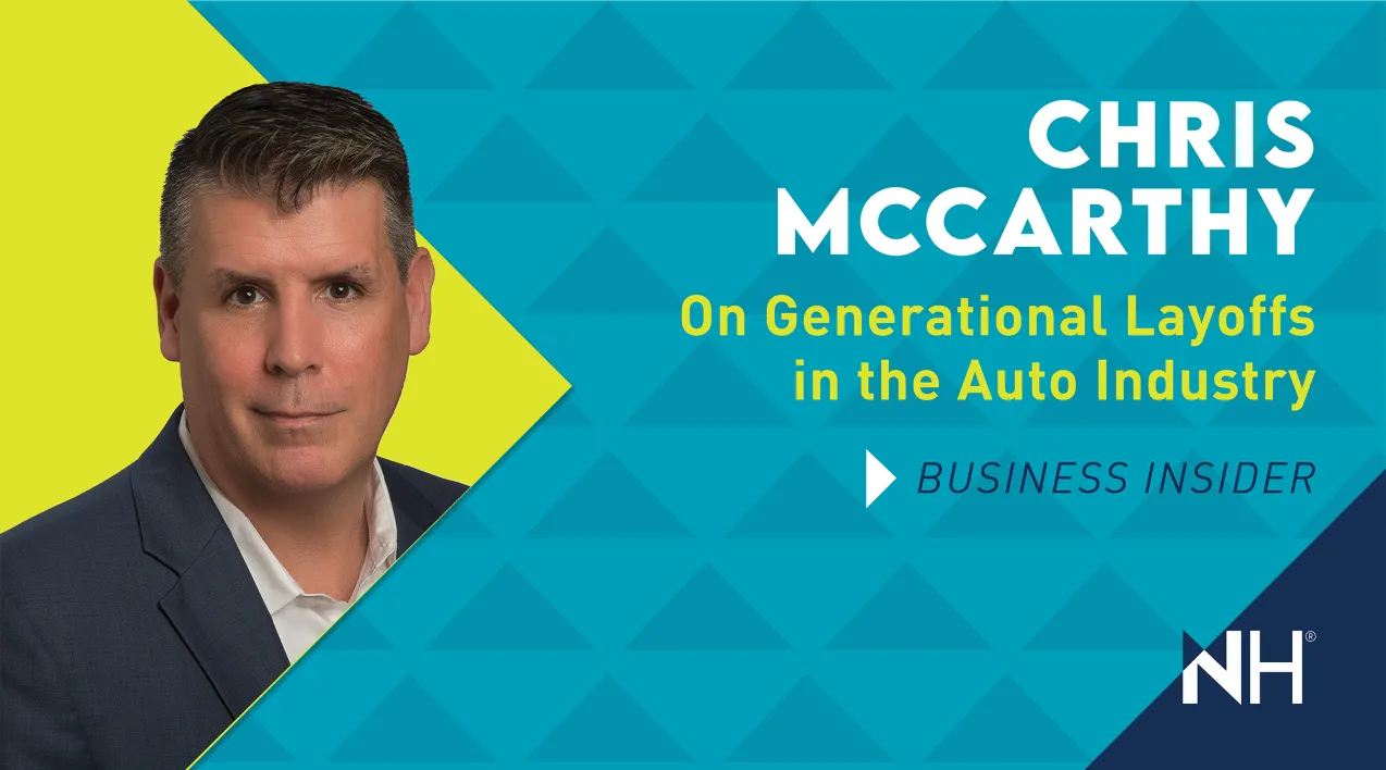 A graphic showing Chris McCarthy's headshot. Text: "Chris McCarthy on Generational Layoffs in the Auto Industry - Business Insider."