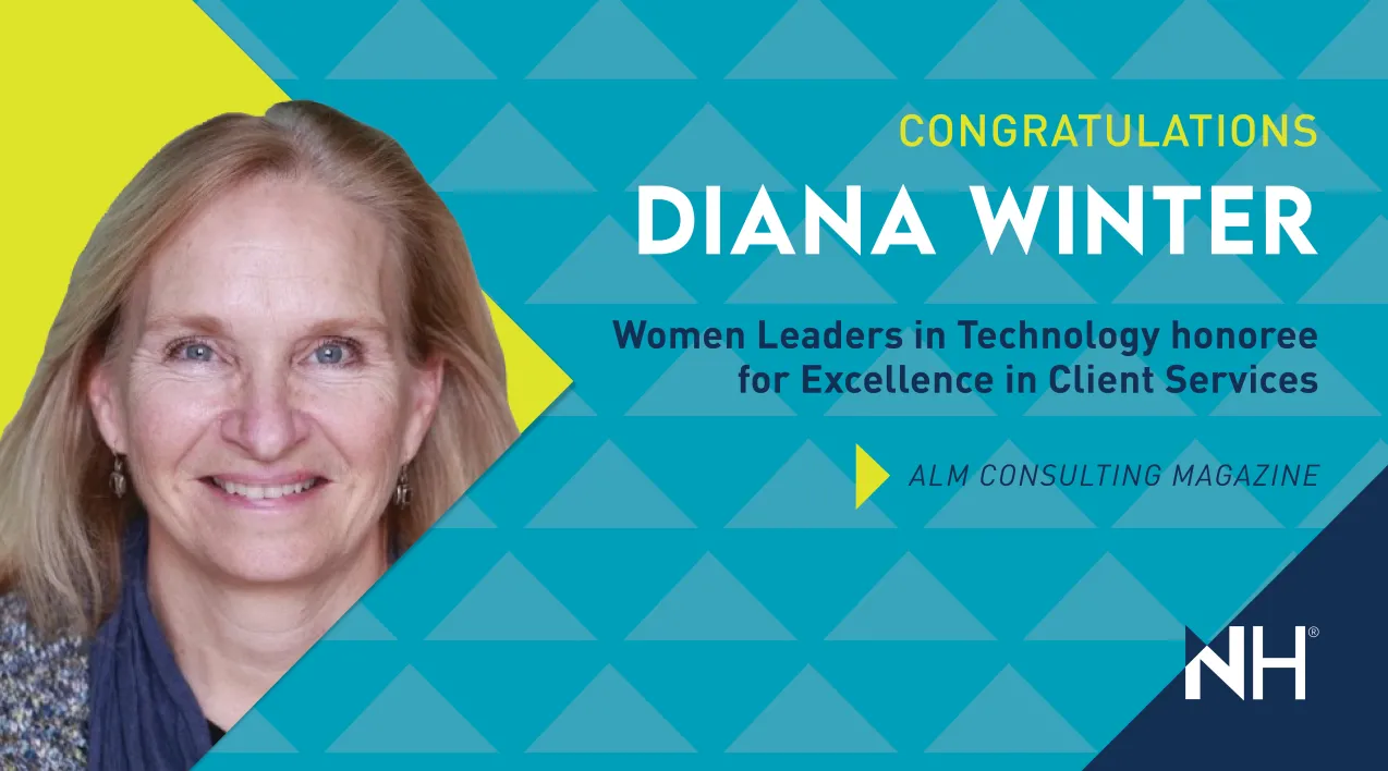A banner featuring Diana Winter: "Congratulations, Diana Winter. Women Leaders in Technology honoree for Excellence in Client Services." 